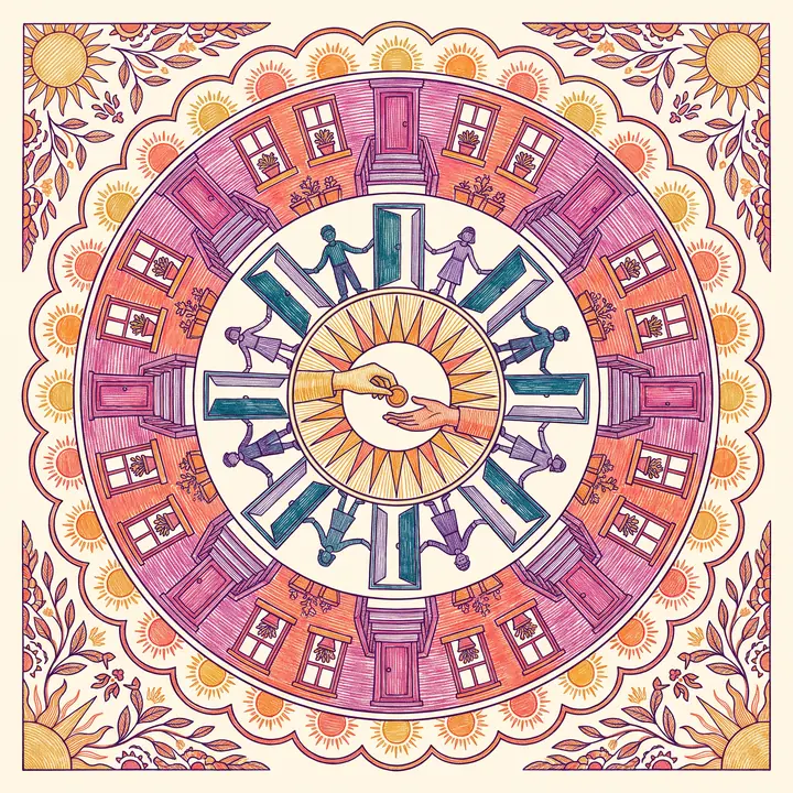 A medallion: two hands passing a token inside a sunburst, ringed by neighbours leading each other through open doors