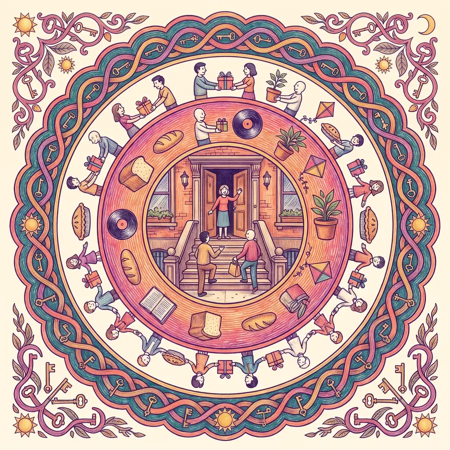 A medallion: a newcomer waved up a stoop, ringed by neighbours each handing a gift to the next