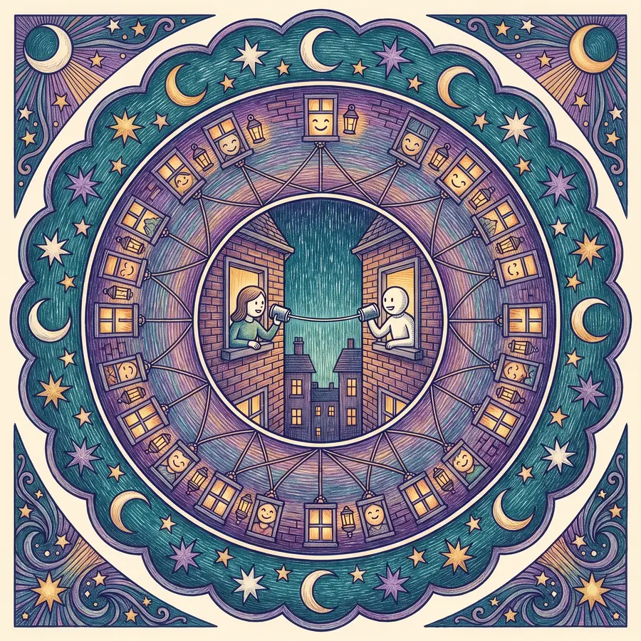 A medallion: two neighbours talking through tin cans on a string, ringed by lit windows under stars