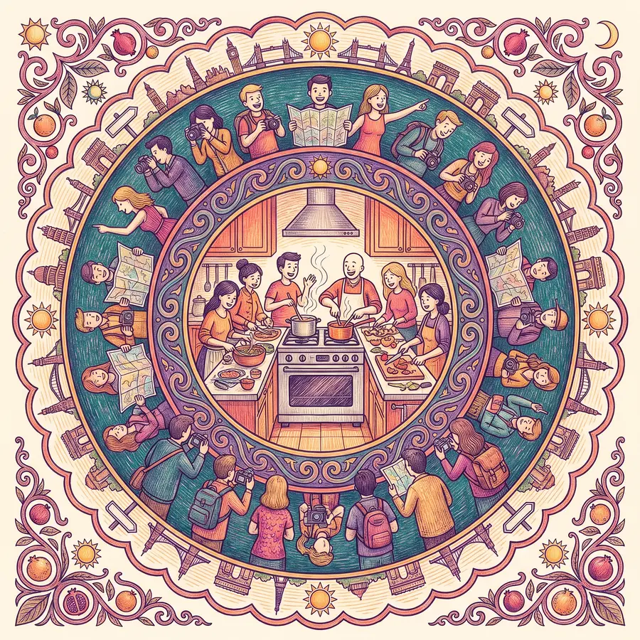 A medallion: friends cooking in a kitchen, ringed by sightseers photographing the view with their backs to it